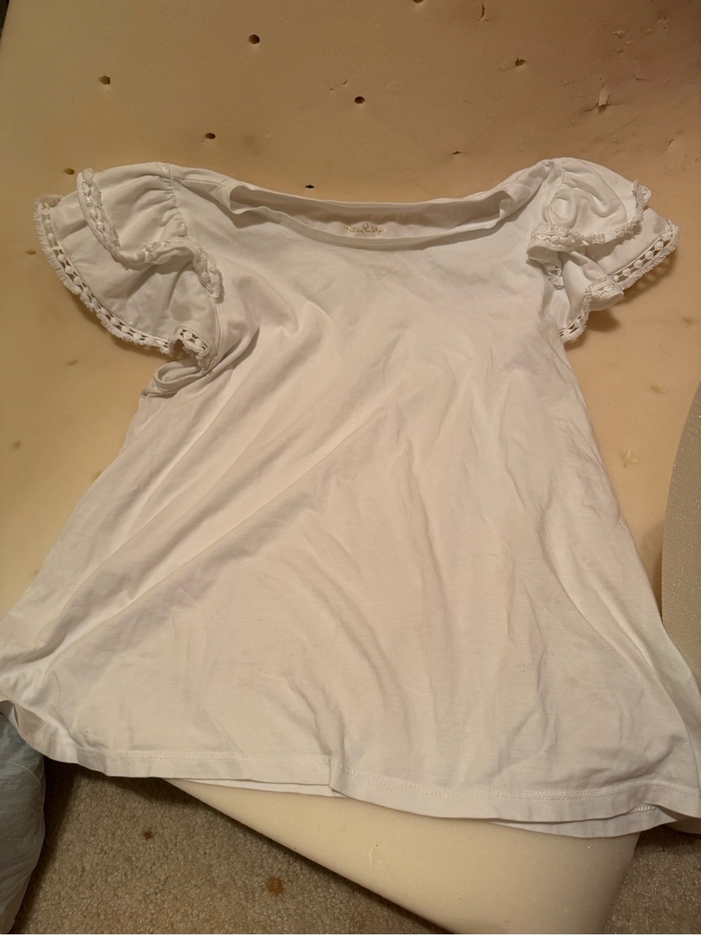 Lilly Pulitzer White Solid Crew Neck Short Sleeve Ruffle T-Shirt Size XL